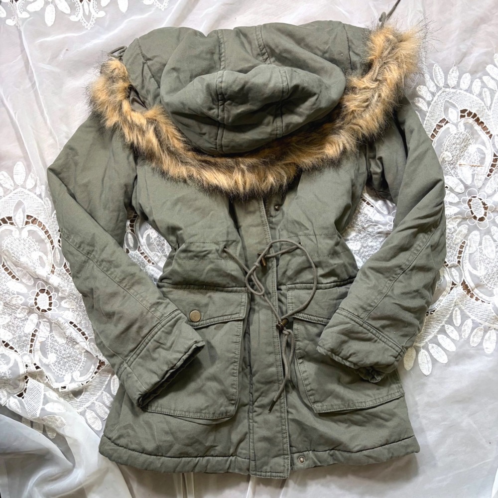 Y2K Bella Swan Fall Aeropostale XS Olive Green Faux Fur Trim Hooded Utility Coat